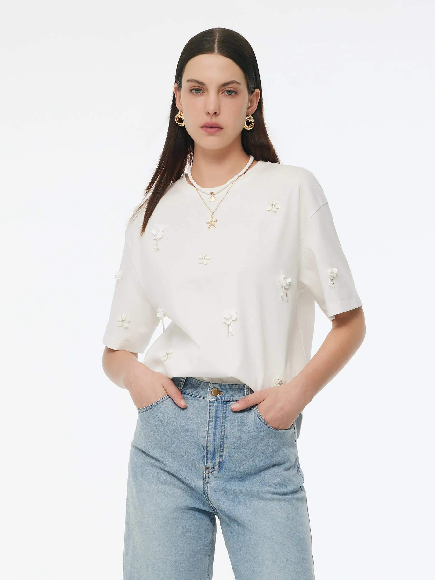 100% Cotton 3D Floral Beaded Women T-Shirt Anti Shrinkage Treatment Premium Cotton