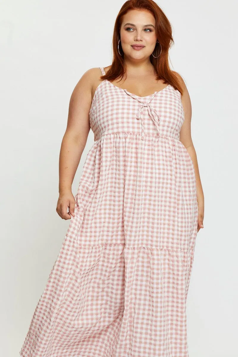 Check Maxi Dress V-neck Sleeveless Pleat Art