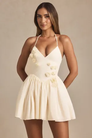Dressy Cool Halterneck Floral-Appliqu?? Corset Mini Dress in Ivory