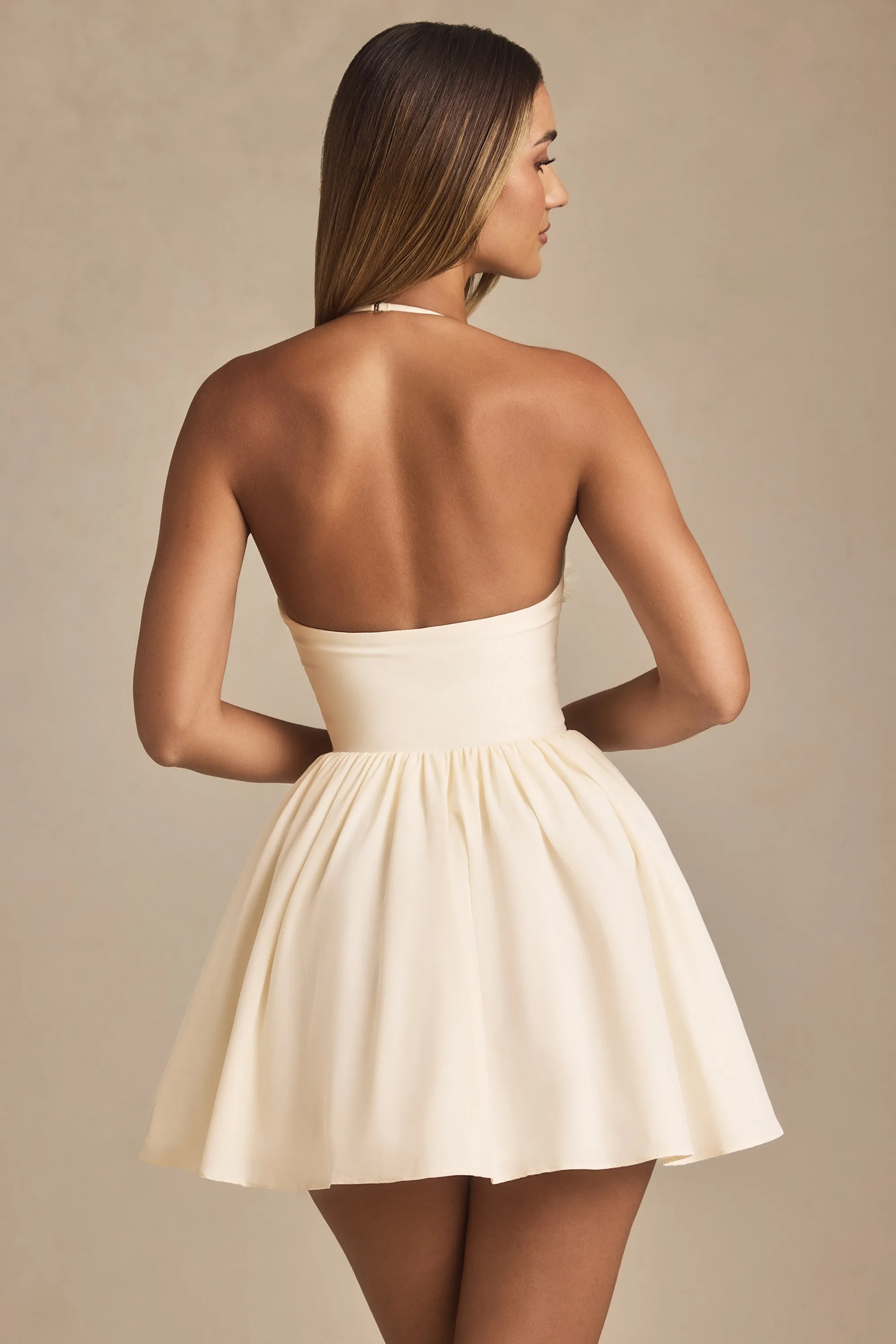 Halterneck Floral-Appliqu?? Corset Mini Dress in Ivory Casual Comfort
