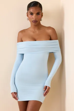 Modal Off-Shoulder Mini Dress in Ice Blue Magnetic Button Closure Fun Look