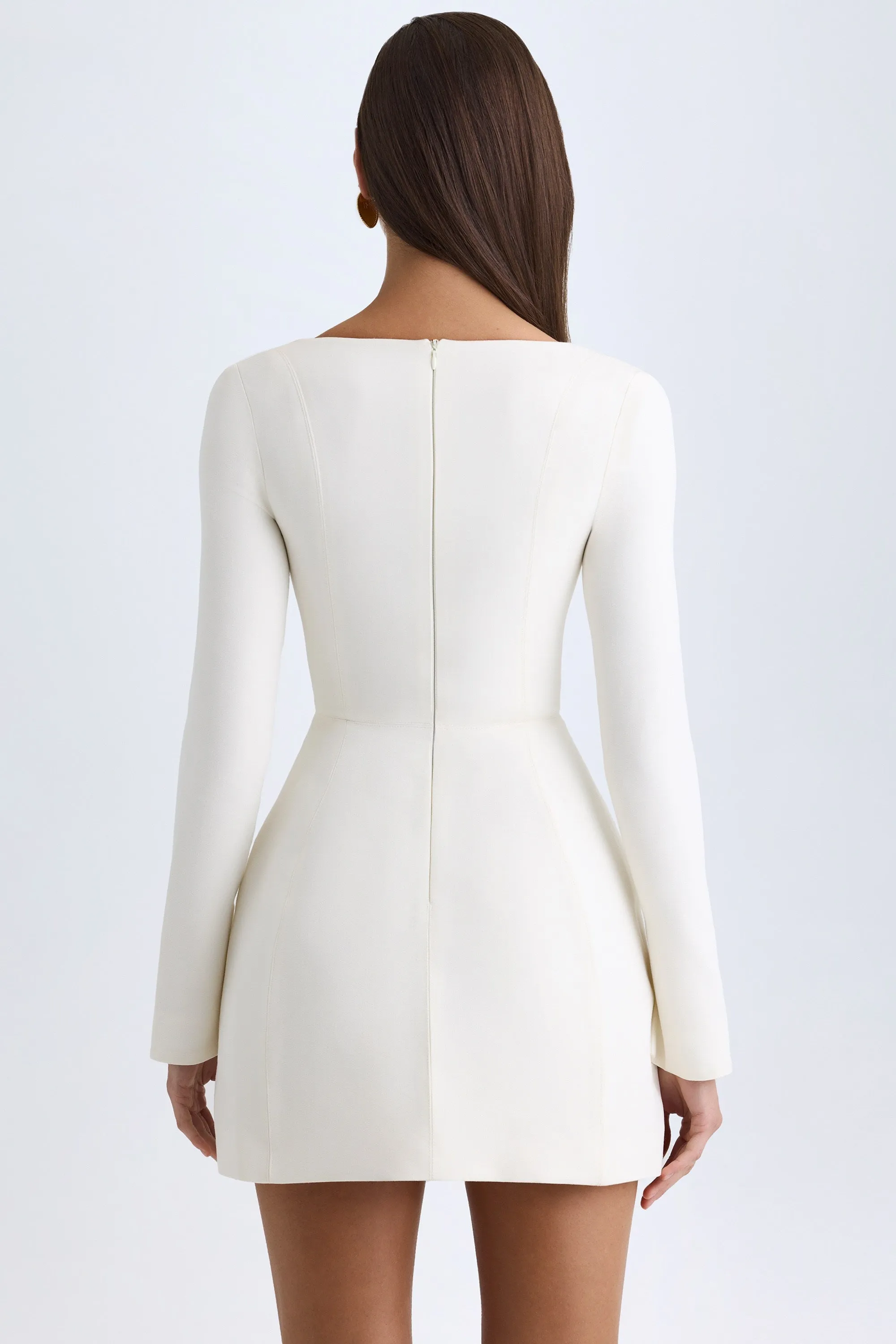 Star Heat Hot Pick Square-Neck Structured Tulip Mini Dress in Vanilla