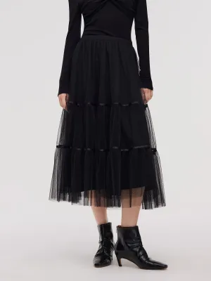 Everyday Wear Frayed Finish Mesh Tiered Women Elastic Waist Skirt