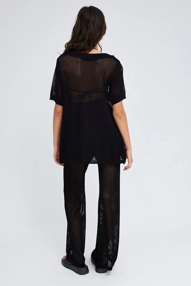 Black Knit Pants Wide Leg Crochet Modular Pocket System