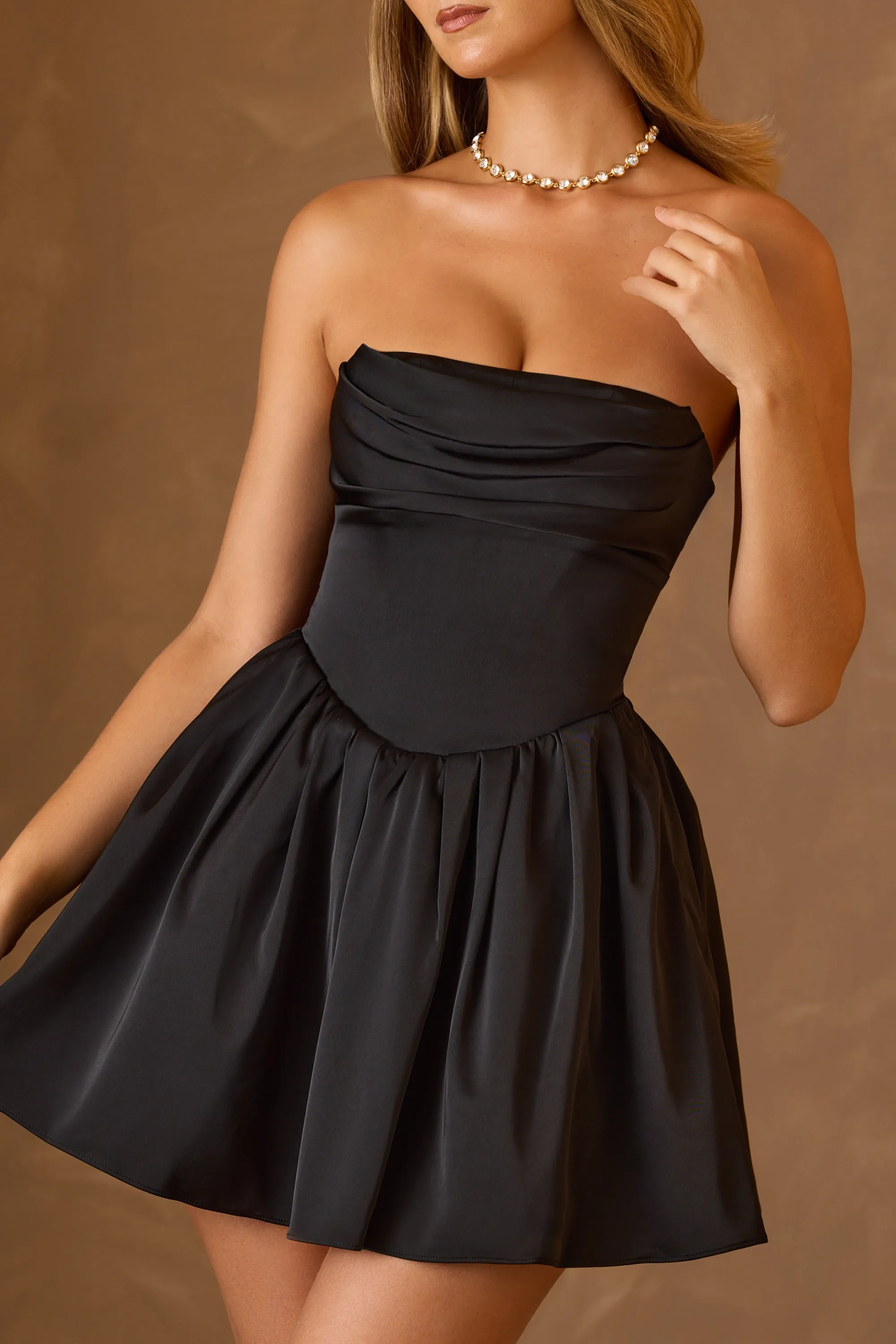 Cowl-Neck Corset Mini Dress in Black Walk Light