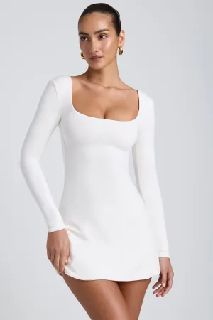 Modal Square Neck Long Sleeve Mini Dress in White Light Soft