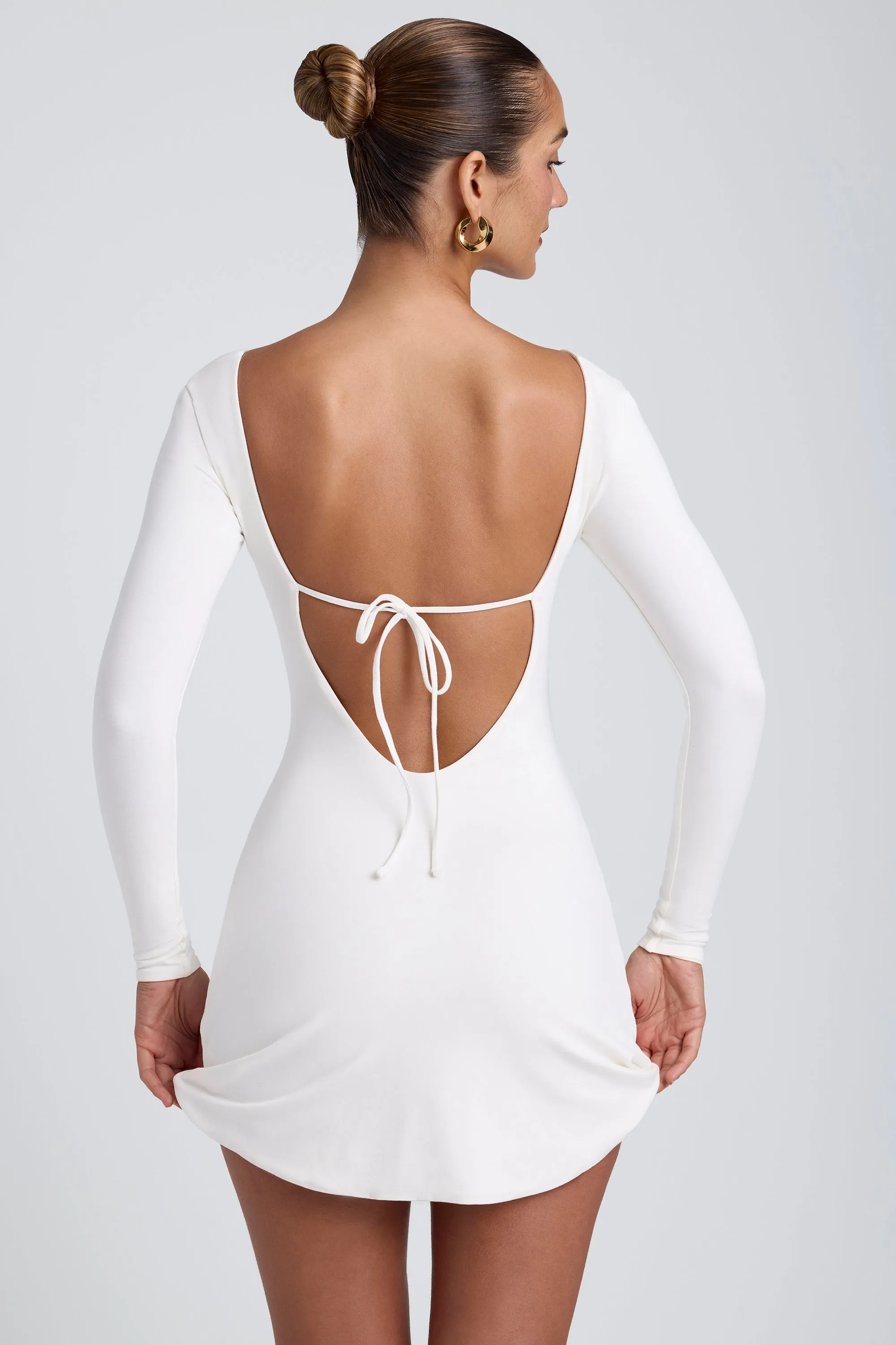Modal Square Neck Long Sleeve Mini Dress in White Shine Rush Effortless evening attire