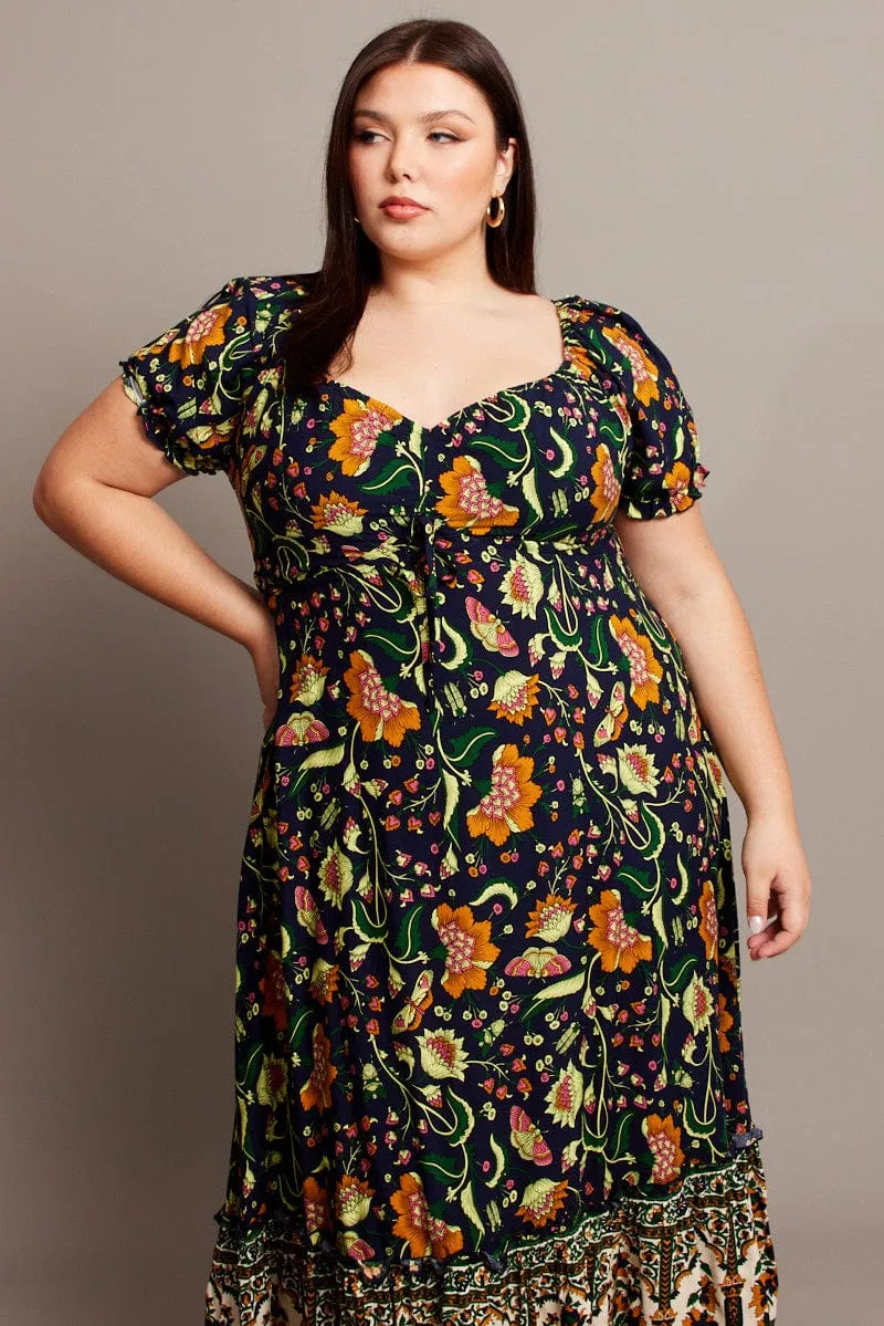 Blue Boho Puff Sleeve Maxi Dress High Low Hem Flow River