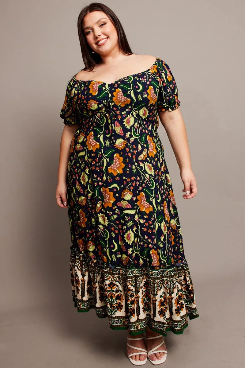 Blue Boho Puff Sleeve Maxi Dress High Low Hem Diamond Shine Flowing silhouette dress