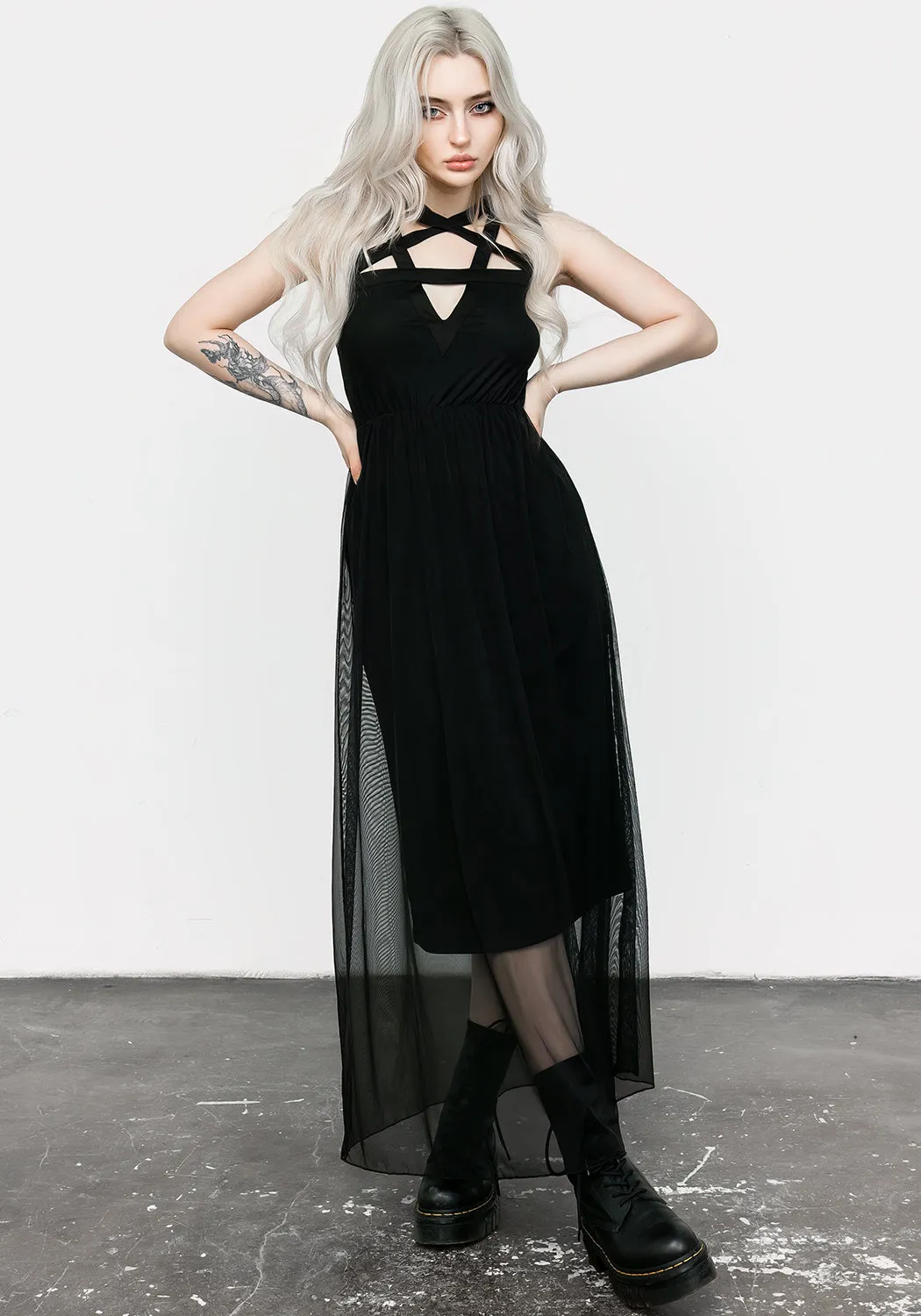 Incantation Mesh Maxi Dress Cowl Neck Frost Breeze