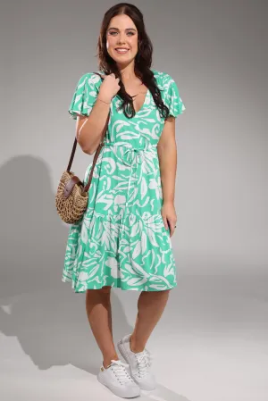 V neck  & cap frill sleeve Dress | Jade Ivory Leaf | 3343A1 MoistureManagementSystem
