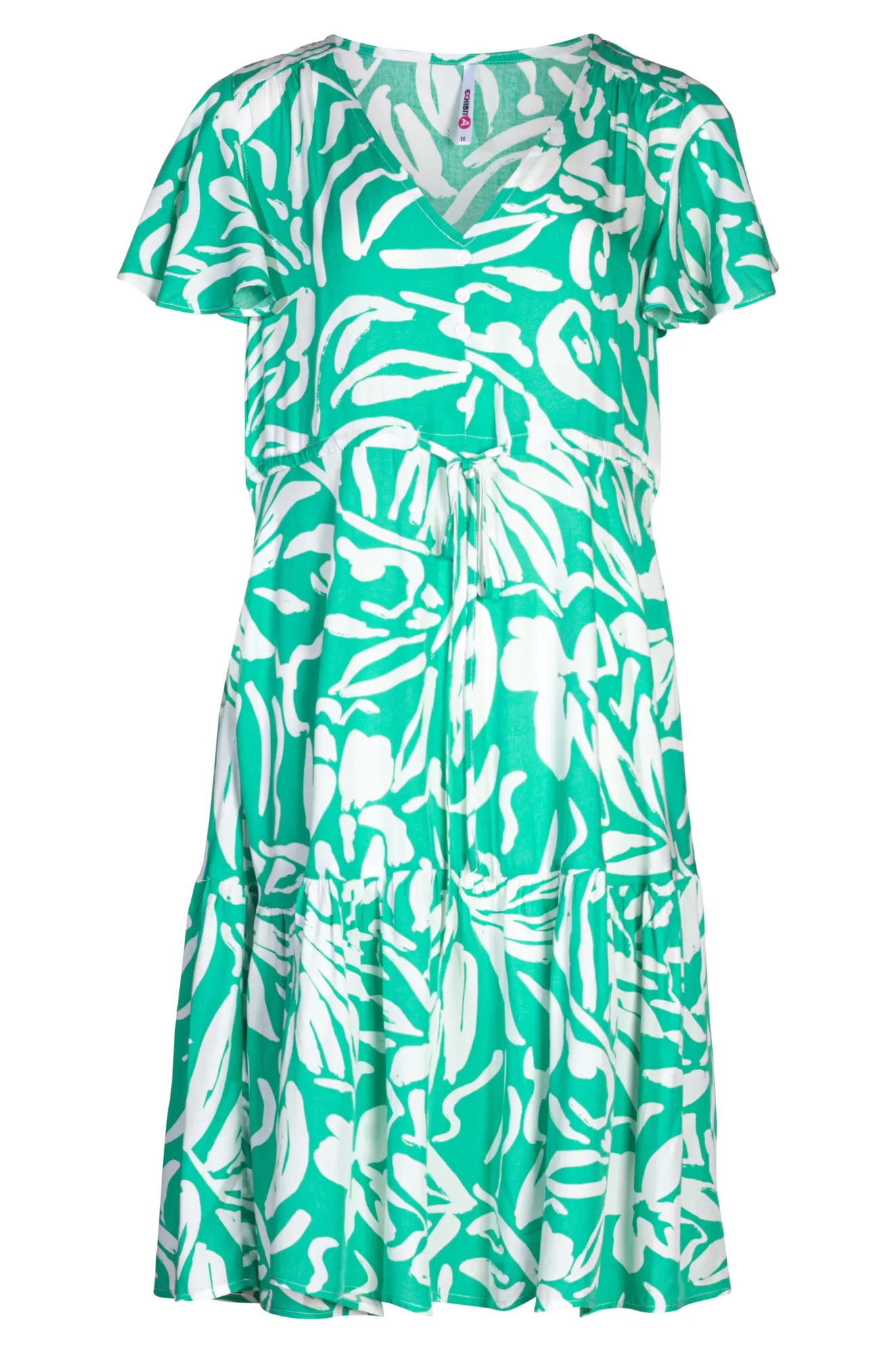 V neck  & cap frill sleeve Dress | Jade Ivory Leaf | 3343A1 Conscious Fashion Comfortable Shoes