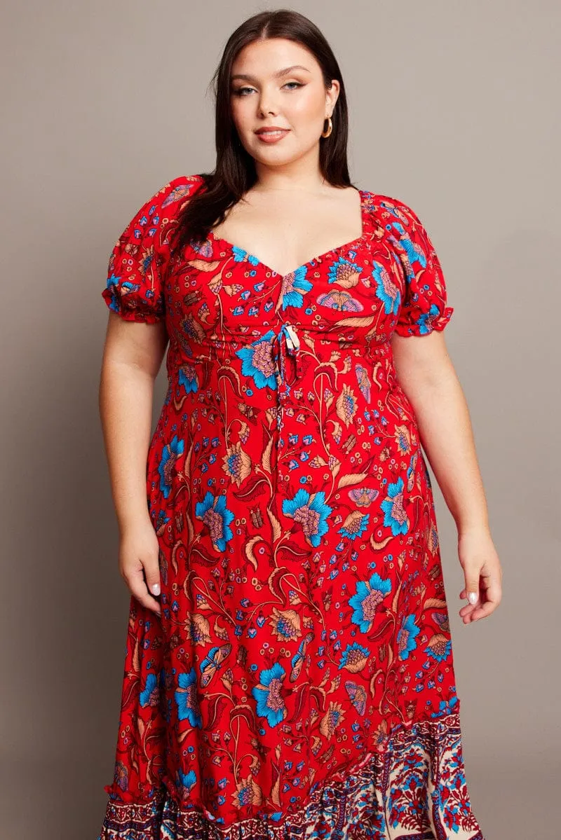Classic sleeveless floor dress Red Boho Puff Sleeve Maxi Dress High Low Hem