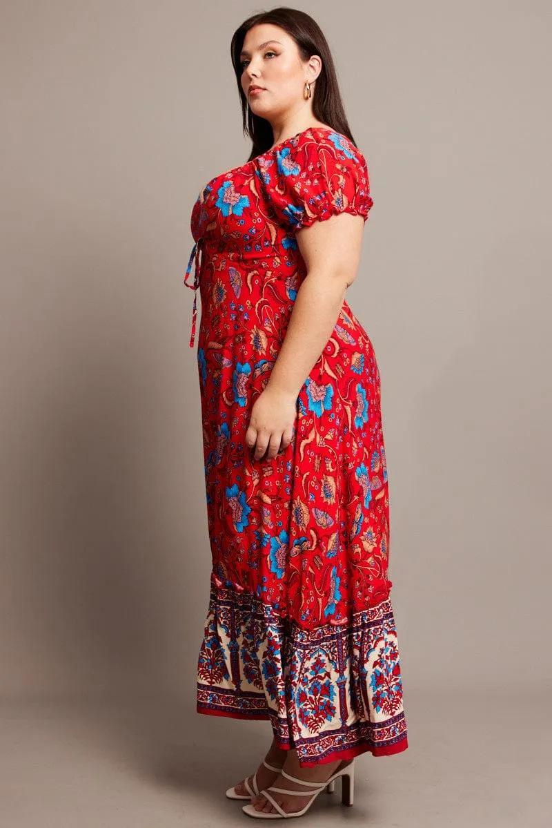 Red Boho Puff Sleeve Maxi Dress High Low Hem Wild Air