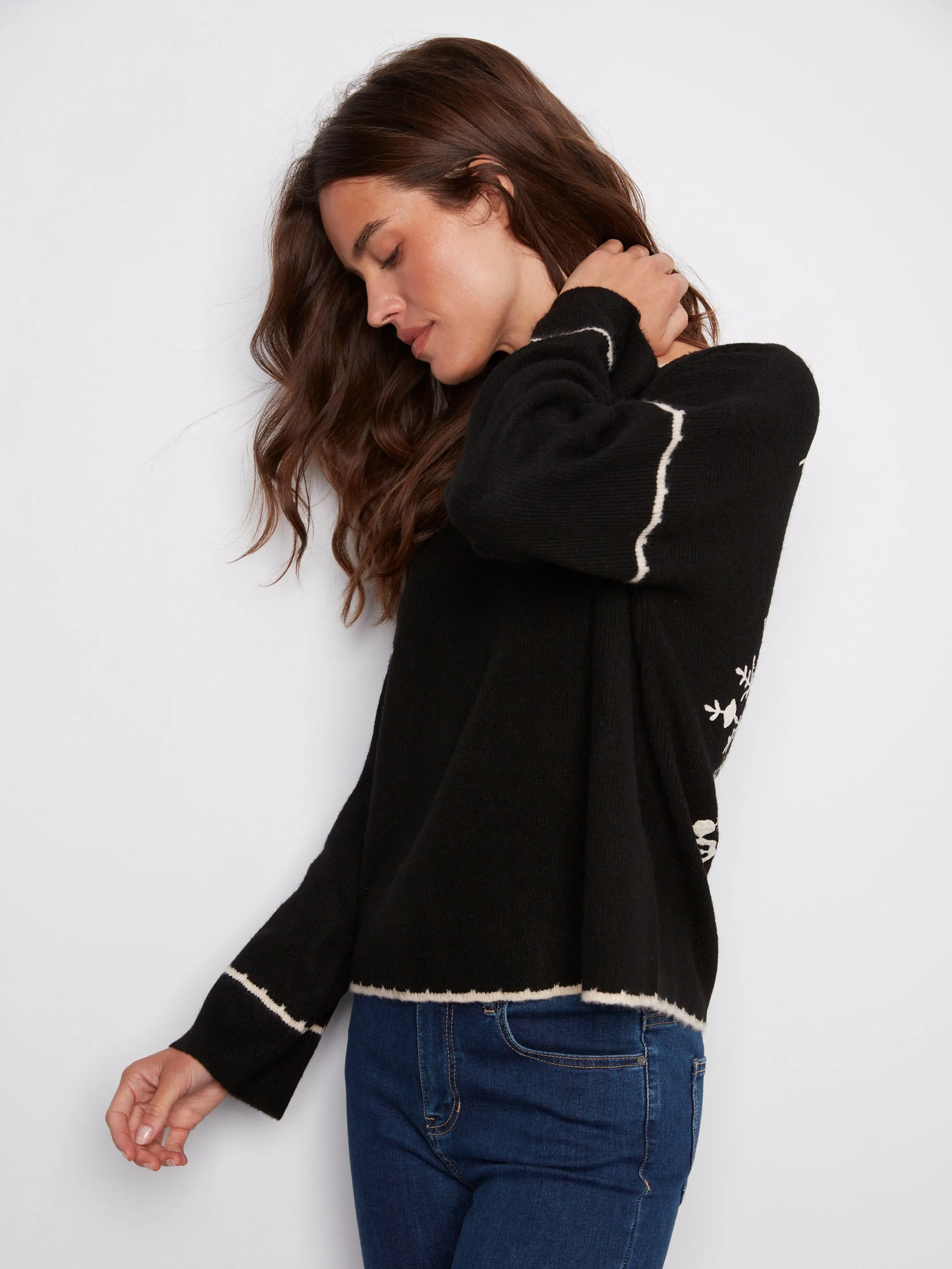 Embroidered Ribbed Sweater with Notch Neck - Black Cold Weather Comfort Chilly Layer