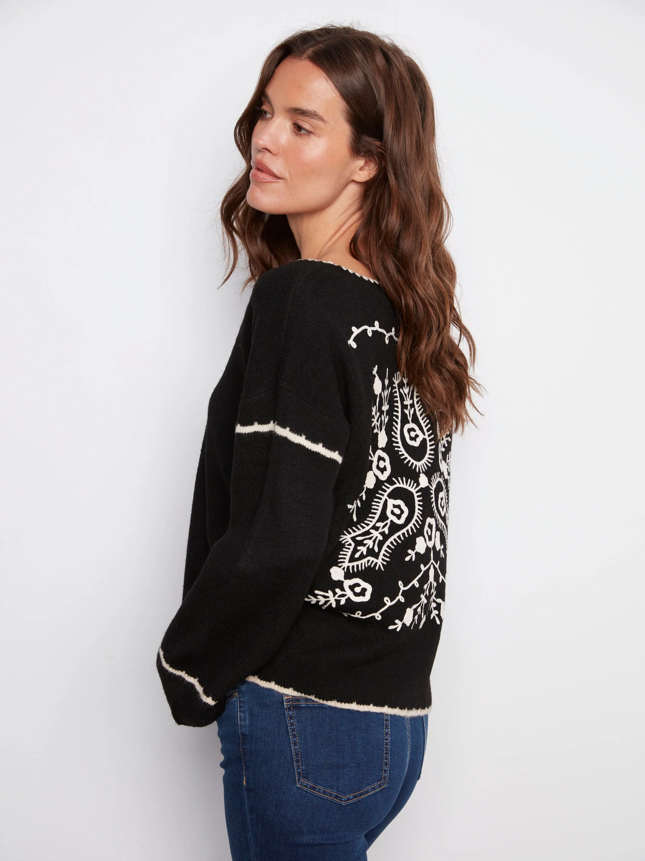 Comfy and Cozy Quick Dry Weave Embroidered Ribbed Sweater with Notch Neck - Black