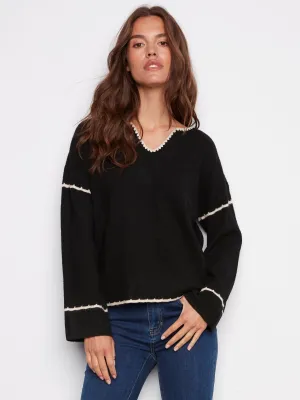 Sustainable Production Certified Ergonomic Sleeve Design Embroidered Ribbed Sweater with Notch Neck - Black
