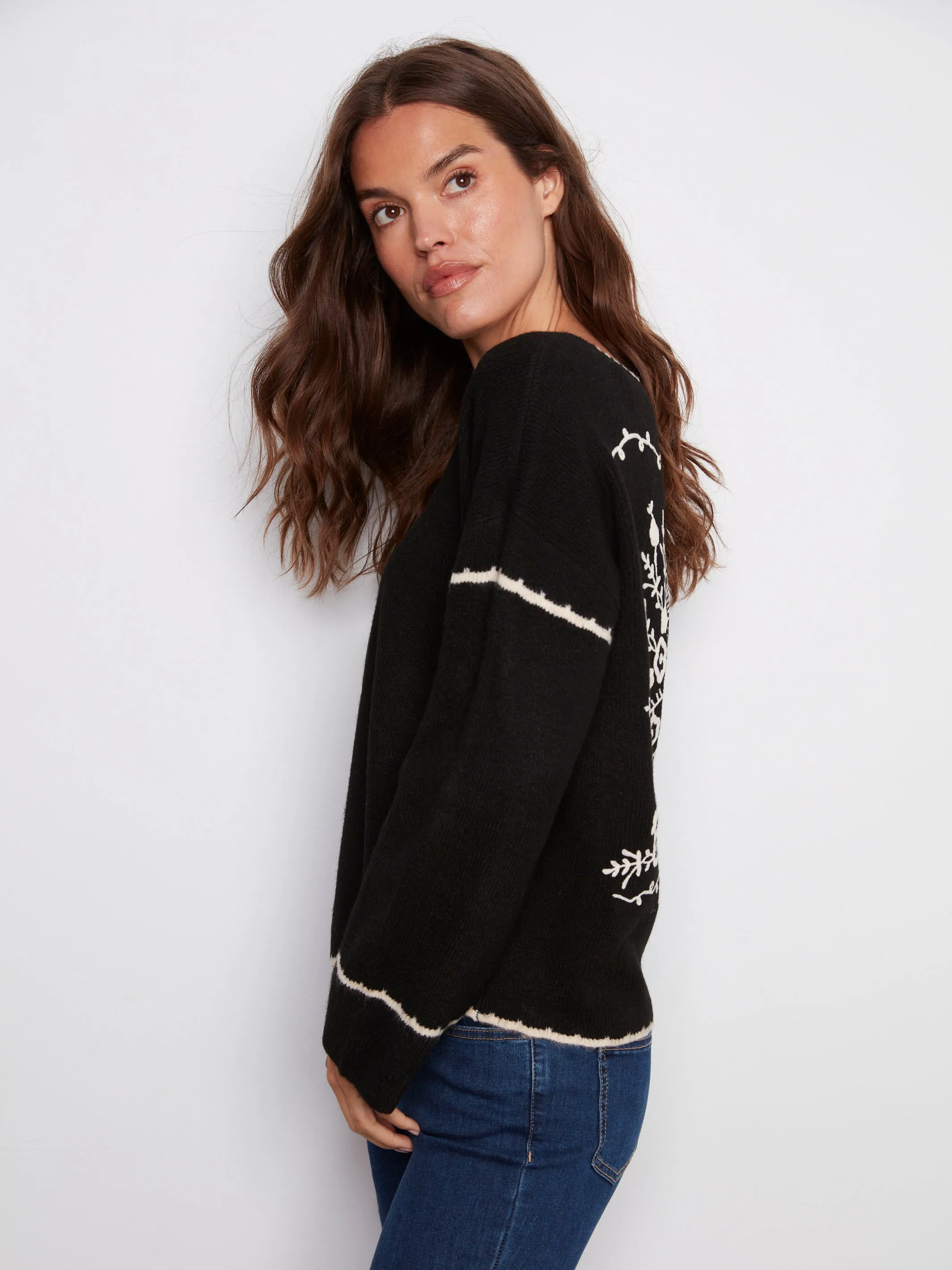 Embroidered Ribbed Sweater with Notch Neck - Black Eco Friendly Material Premium Knitwear