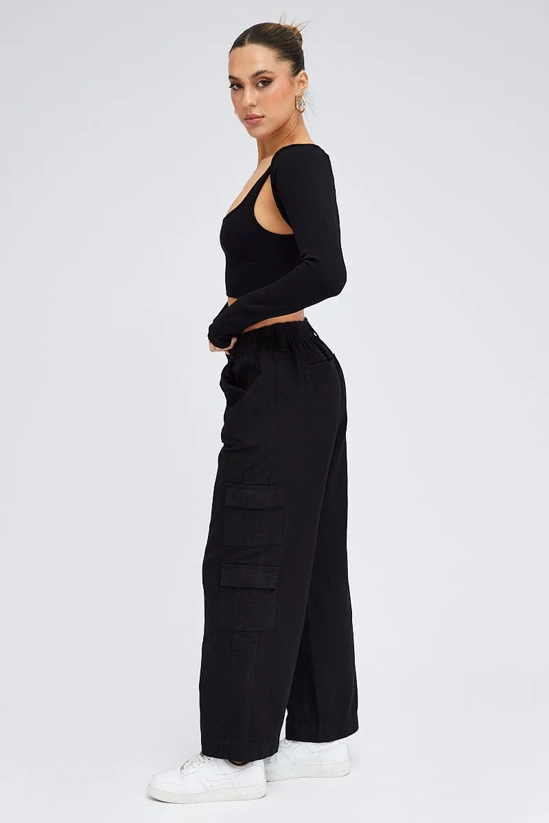 Black Cargo Pants Mid Rise Comfort Cushioning NoBuckleDesign