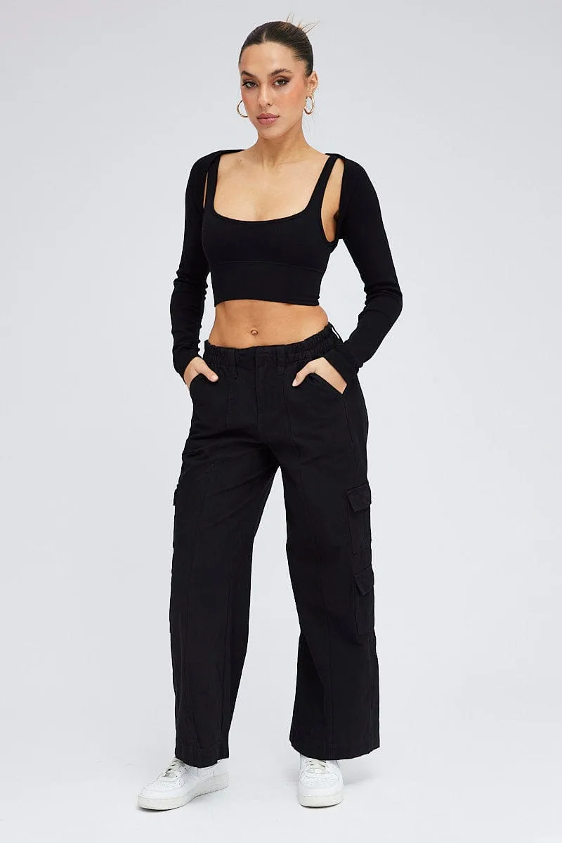 ElasticWaistband Black Cargo Pants Mid Rise