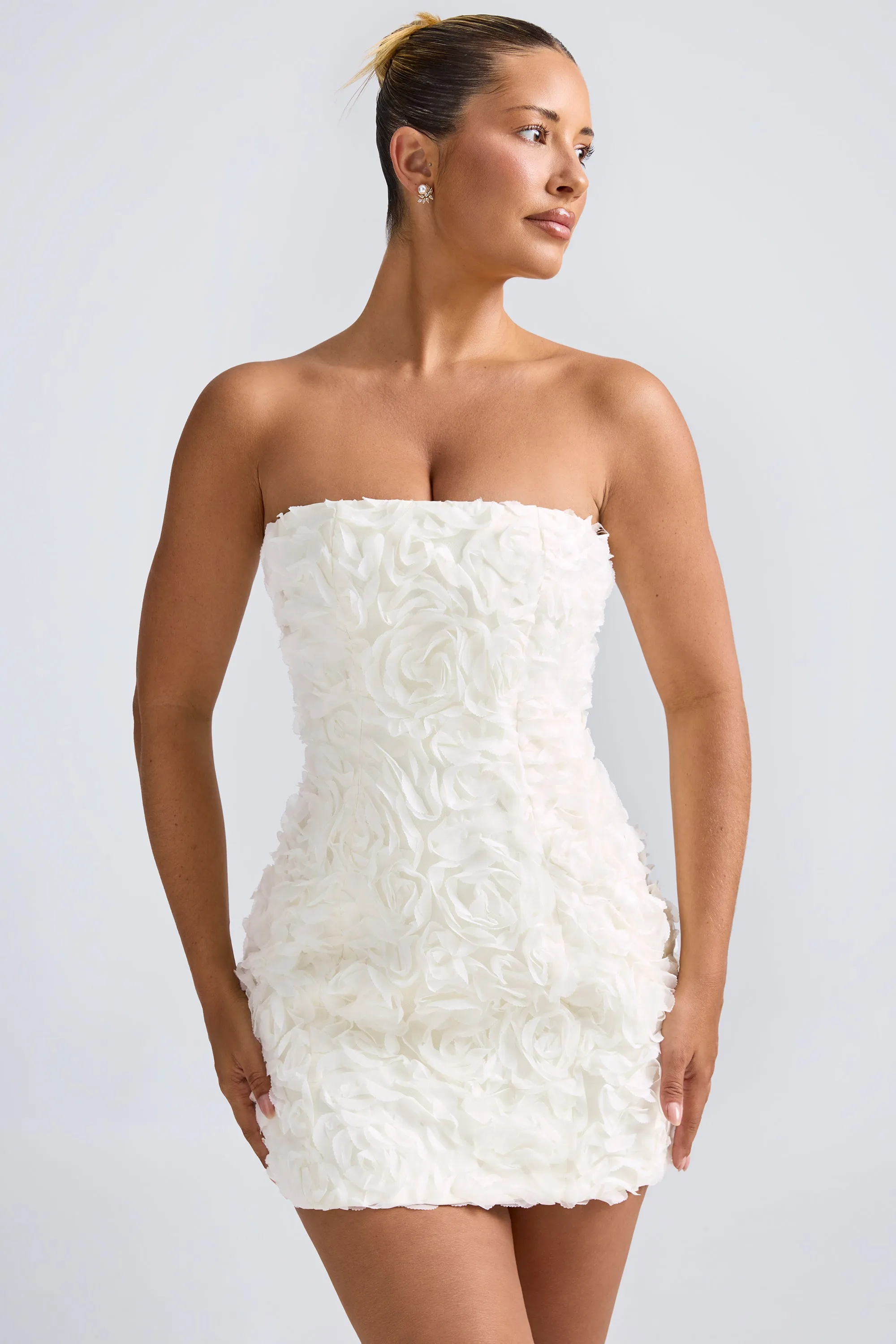 Floral-Appliqu?? Bandeau A-Line Mini Dress in White Layered Neckline