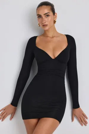 Modal Ruched Long-Sleeve Mini Dress in Black Fashion Essential