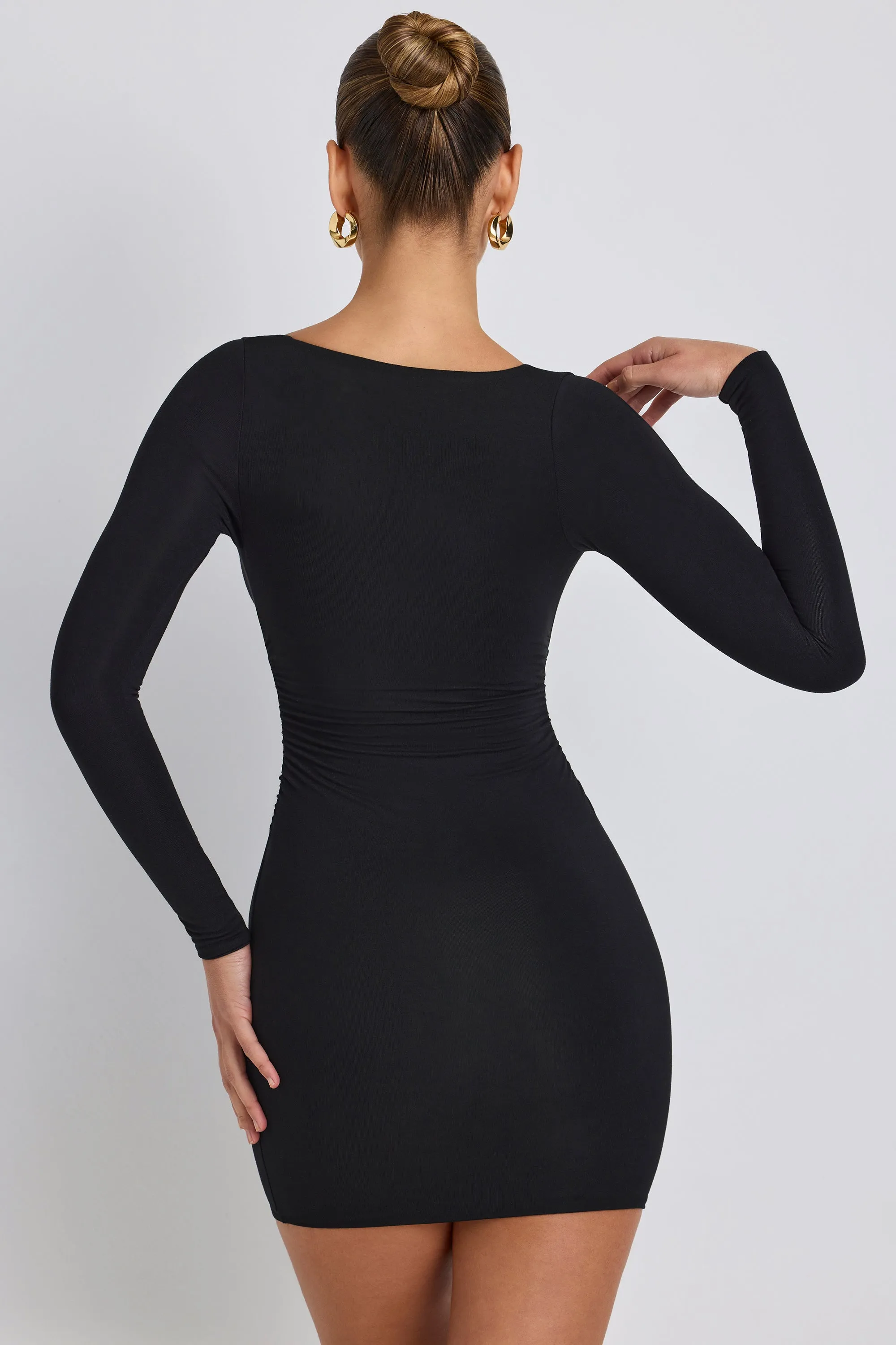 Modal Ruched Long-Sleeve Mini Dress in Black Casual day dress