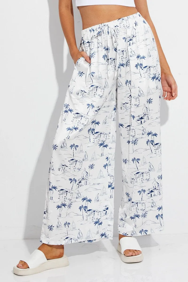 Blue Abstract Pant Elastic High Waist Wide Leg Printed Satin Anti Pilling