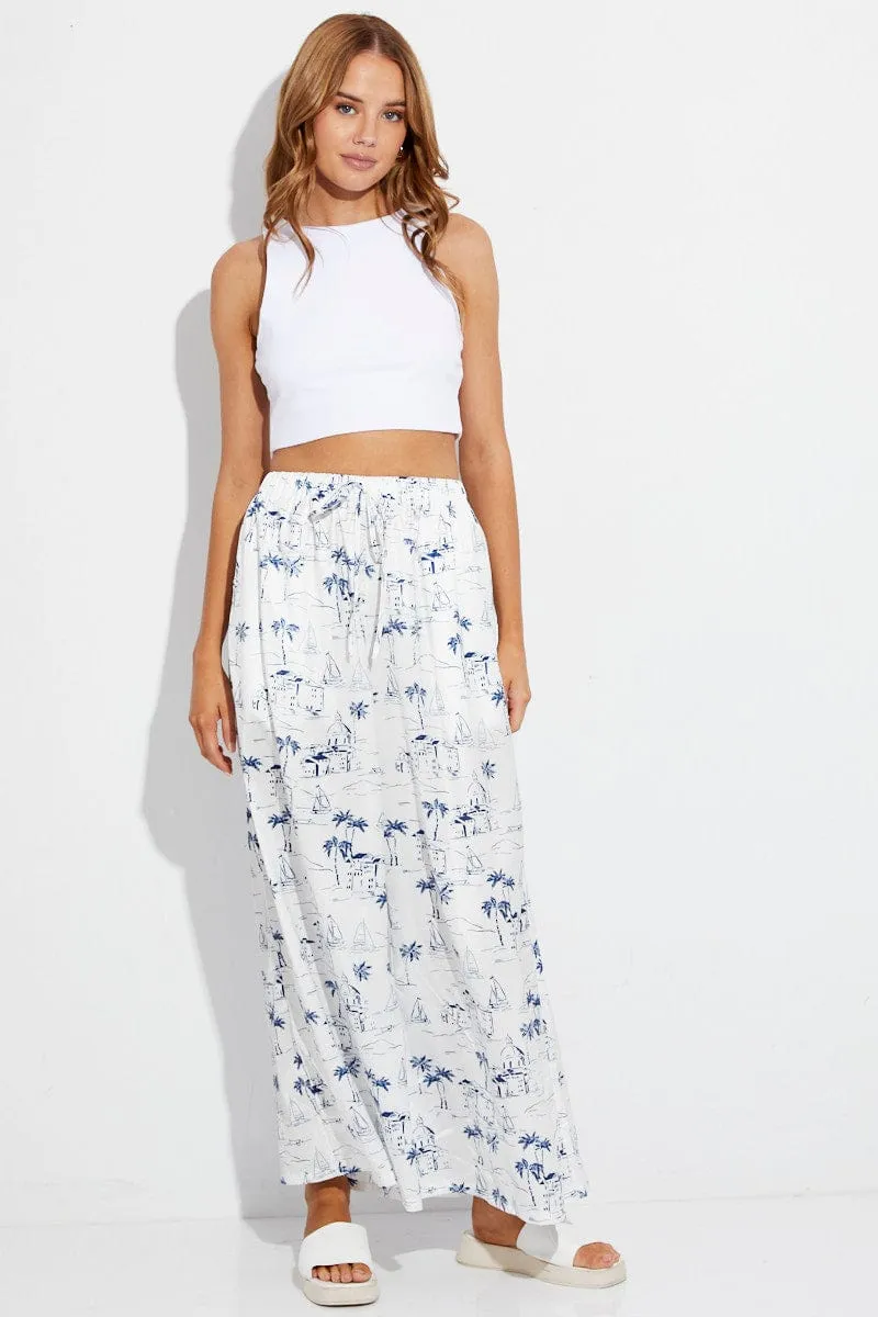 Tailored Fit Twill Weave Texture Blue Abstract Pant Elastic High Waist Wide Leg Printed Satin