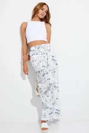 Comfy Look Blue Abstract Pant Elastic High Waist Wide Leg Printed Satin