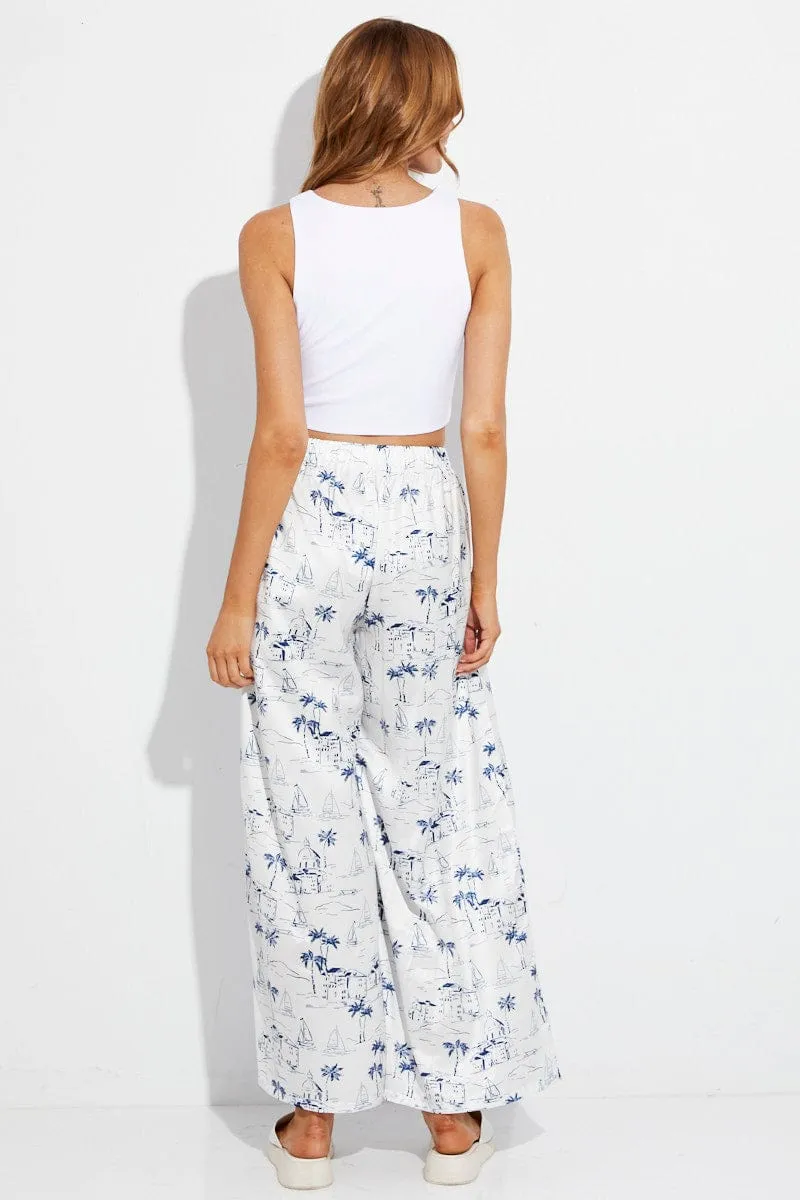 Seasonless wear Sporty Style Blue Abstract Pant Elastic High Waist Wide Leg Printed Satin