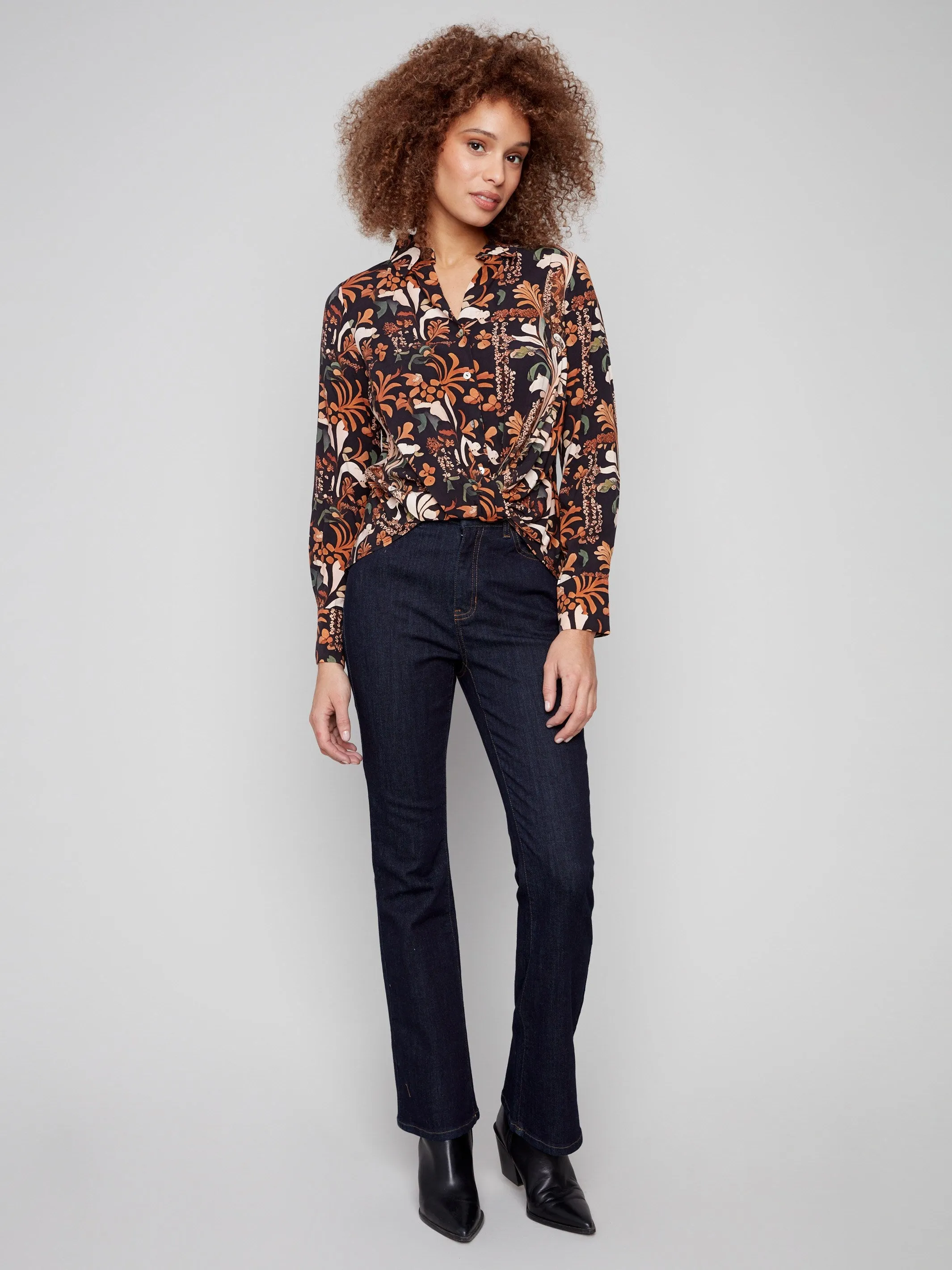 Printed Viscose Button-Down Shirt With Twisted Front - Batik Elite Vibe SlipResistantWaistband