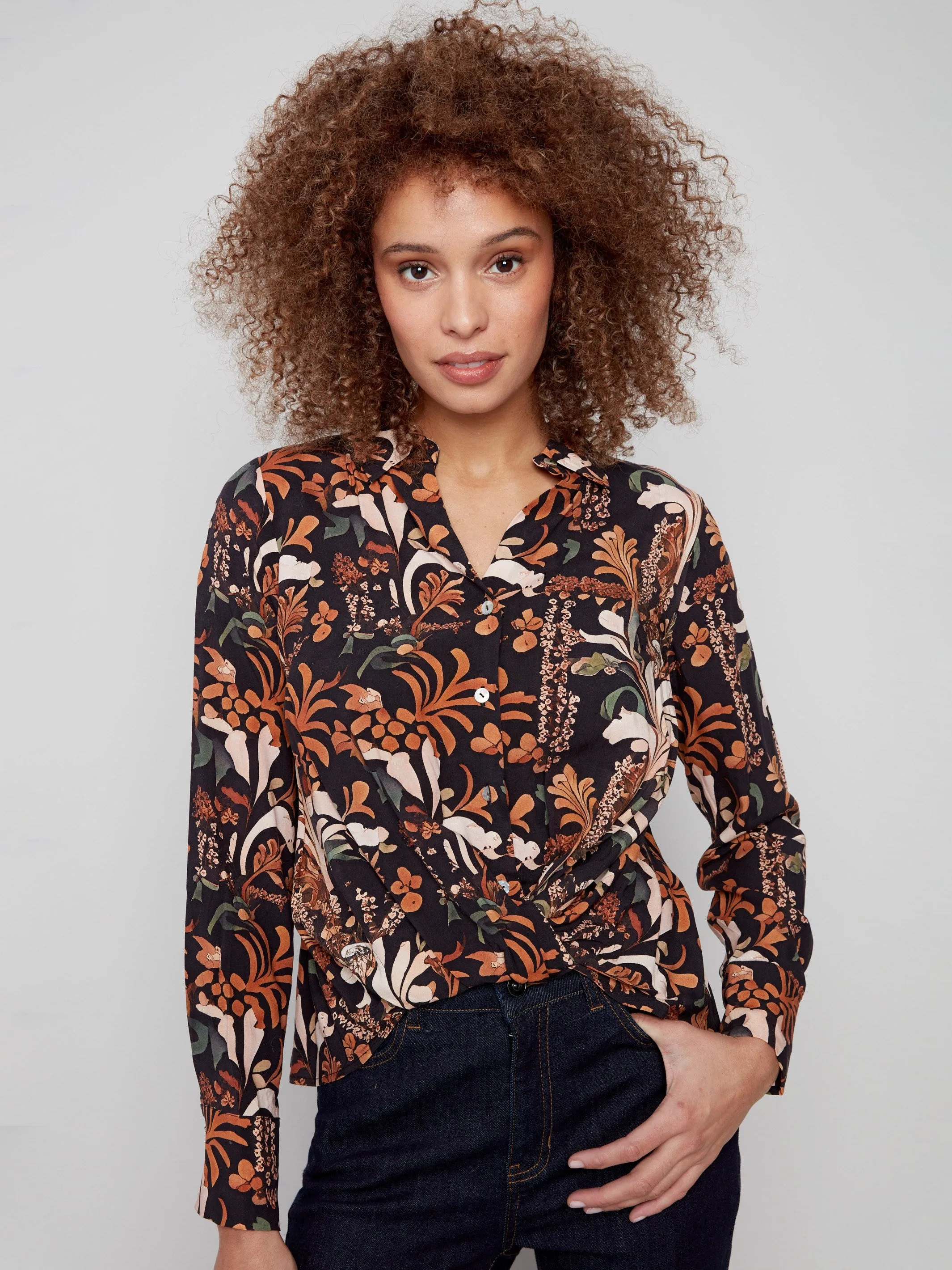 Printed Viscose Button-Down Shirt With Twisted Front - Batik Casual Pants