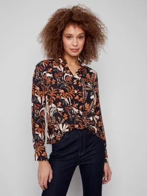 Printed Viscose Button-Down Shirt With Twisted Front - Batik Warm Fashion FlatlockStitching