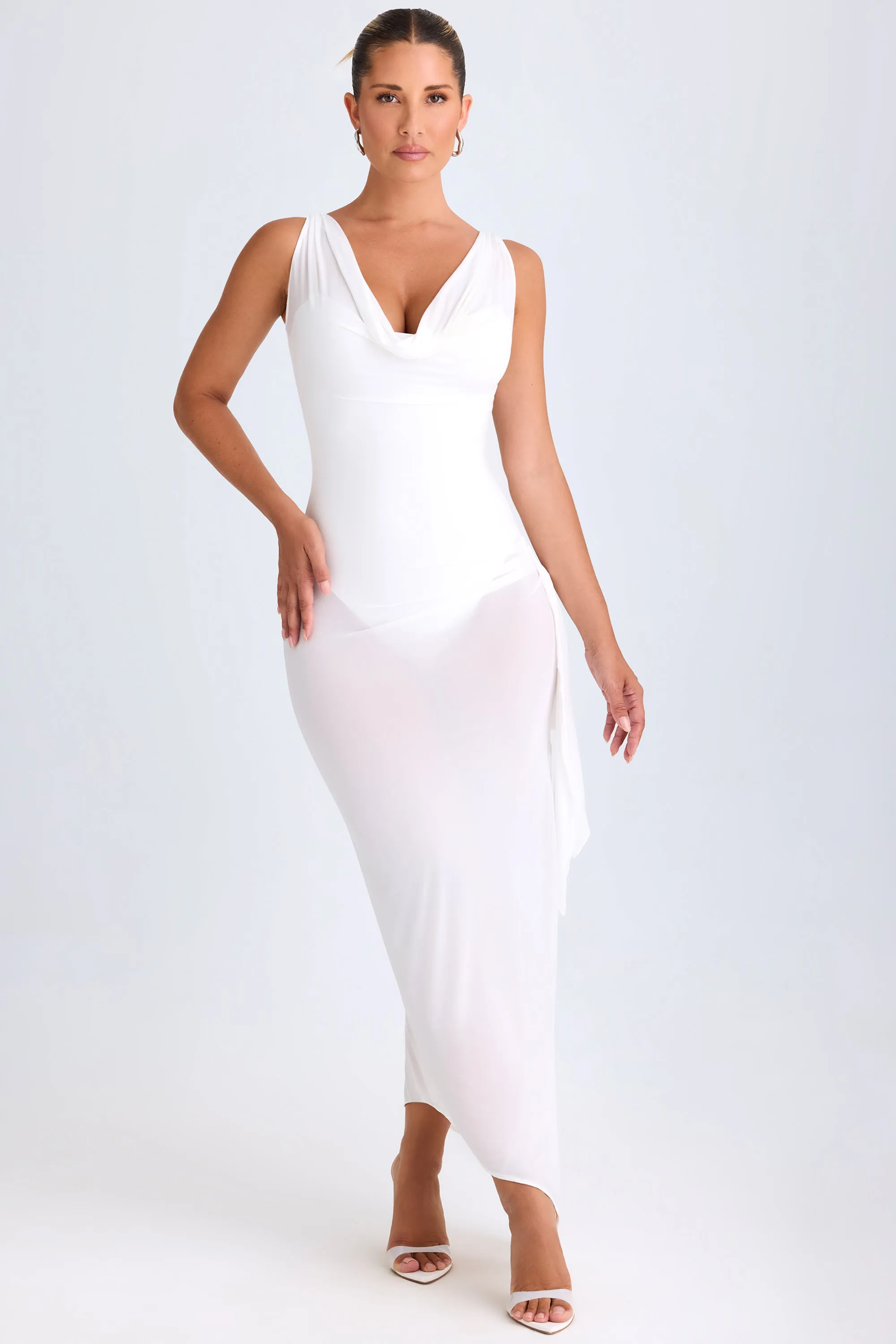 Ruffle-Trim Cowl-Neck Midaxi Dress in White Essential Tee Flight Fit