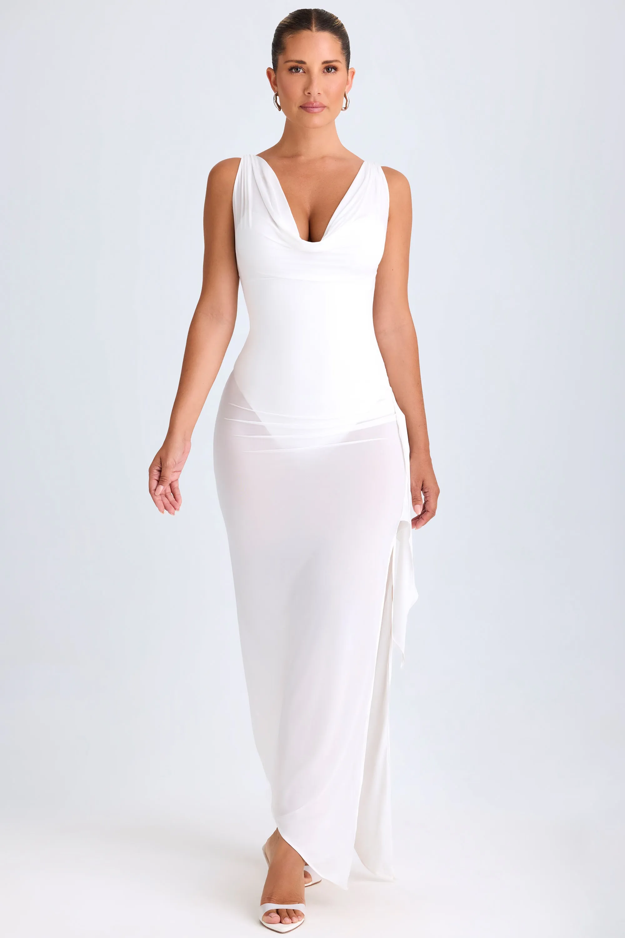Ruffle-Trim Cowl-Neck Midaxi Dress in White DoubleLayeredHem