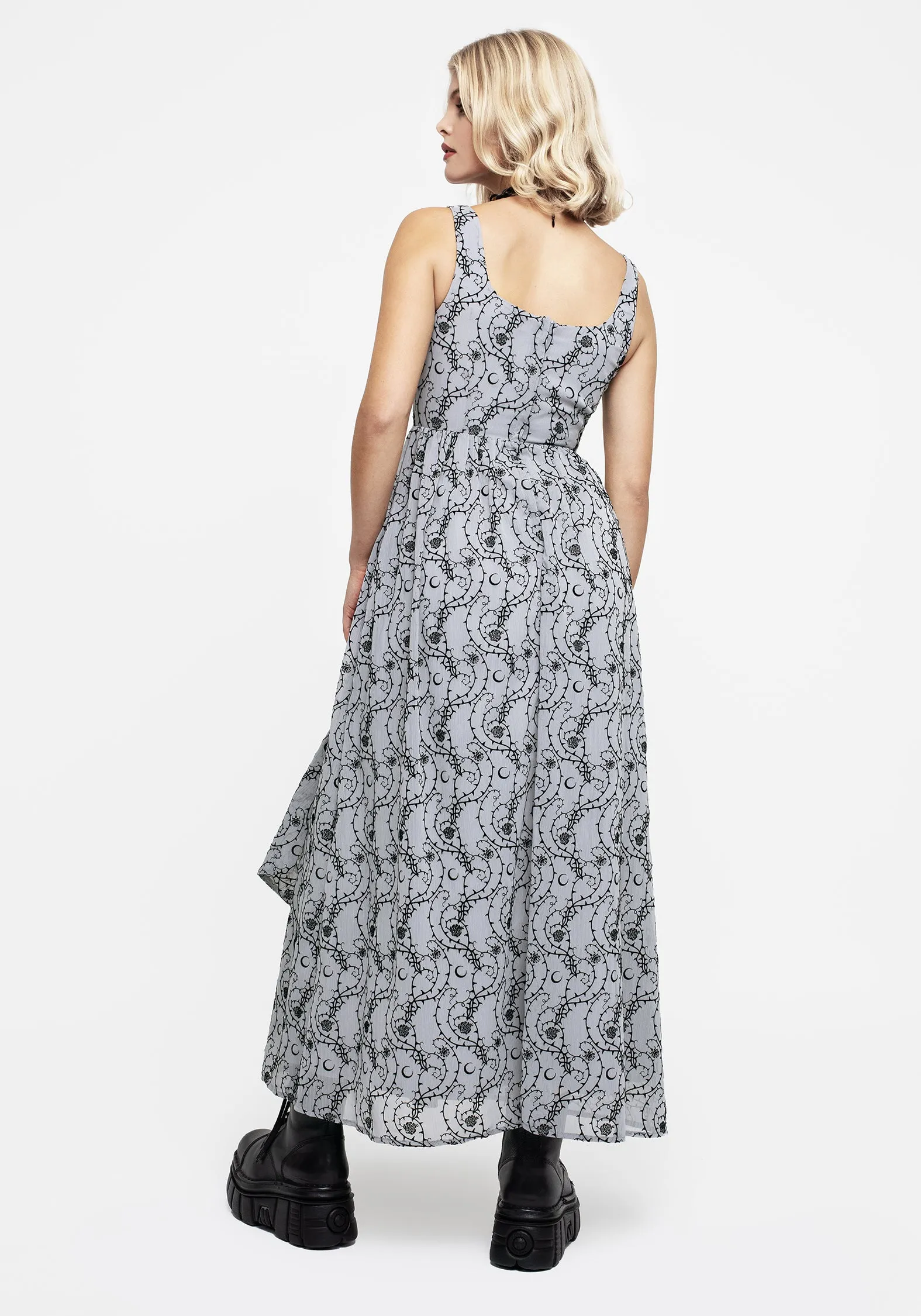 Rosethorn Flocked Velour Chiffon Ruffle Midaxi Dress - Blue Boho chic
