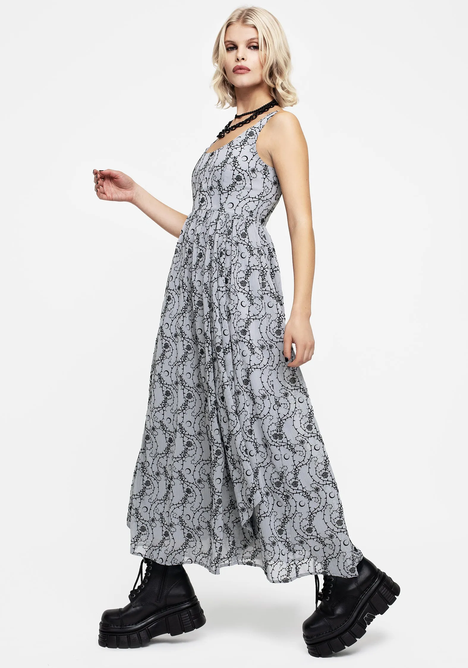 Rosethorn Flocked Velour Chiffon Ruffle Midaxi Dress - Blue Versatile event attire Fall Path