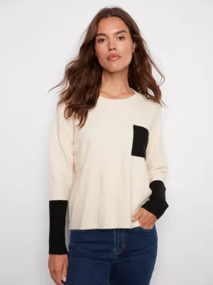 Comfy Knitwear Look Crew Neck Sweater With Contrast Details - Ecru