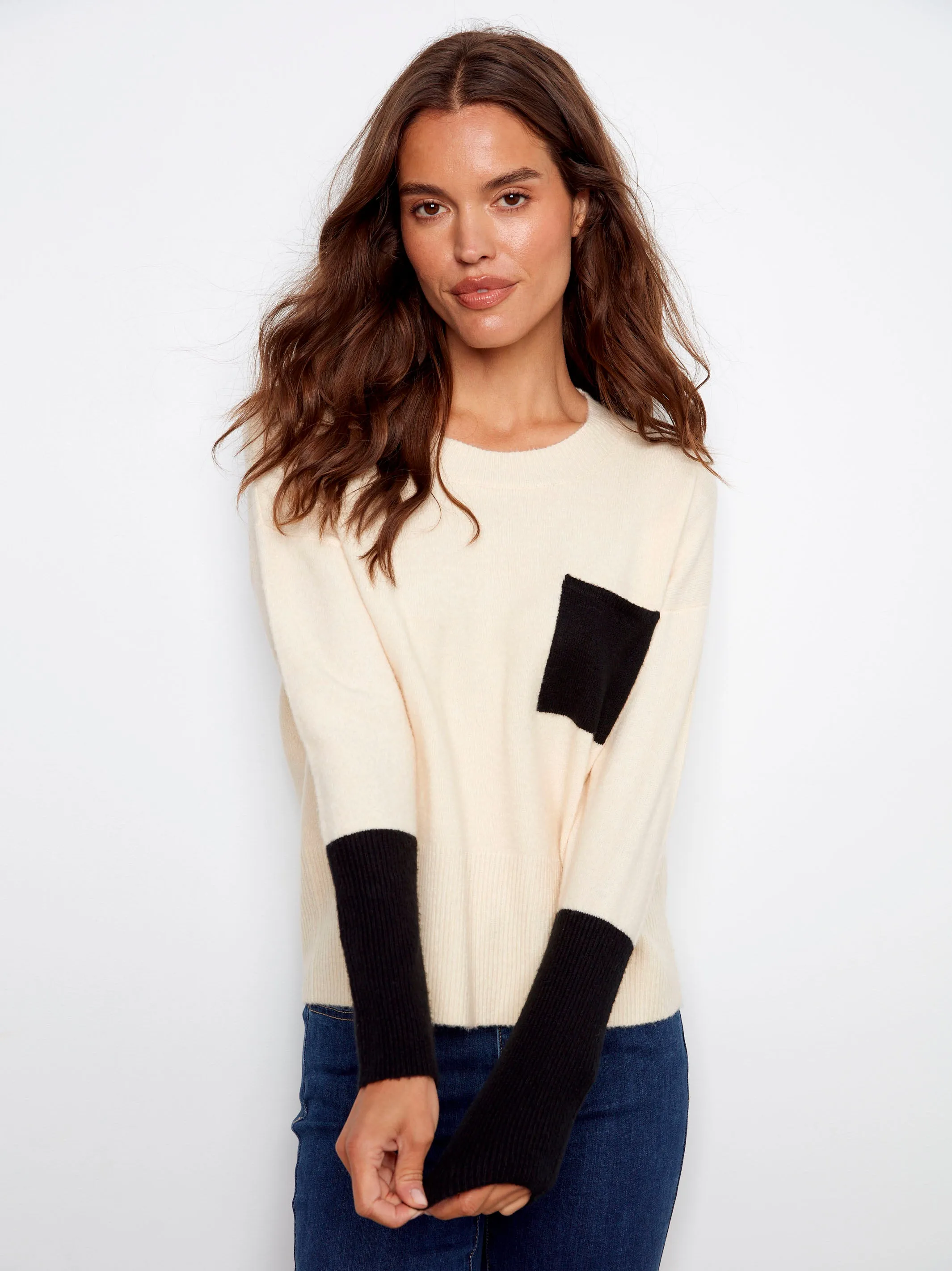Crew Neck Sweater With Contrast Details - Ecru Plush Interior