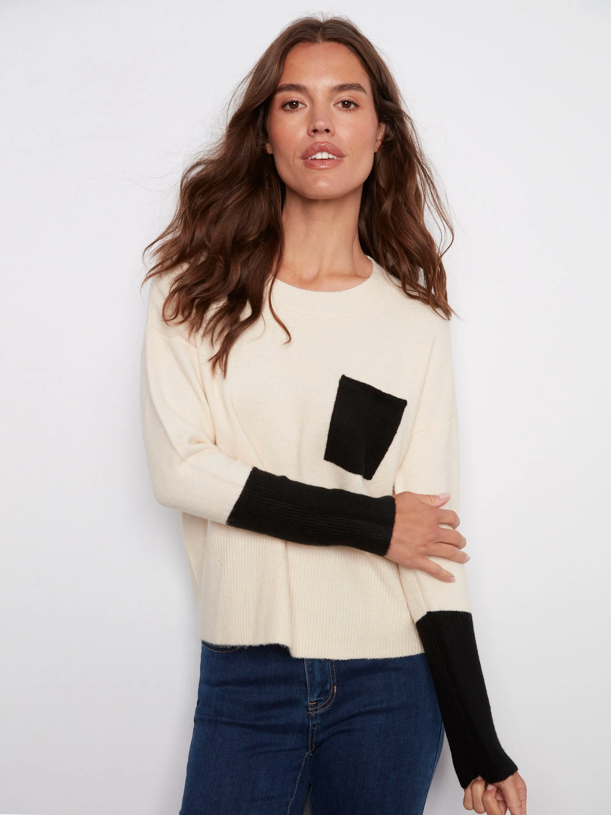 Crew Neck Sweater With Contrast Details - Ecru Cozy Essential