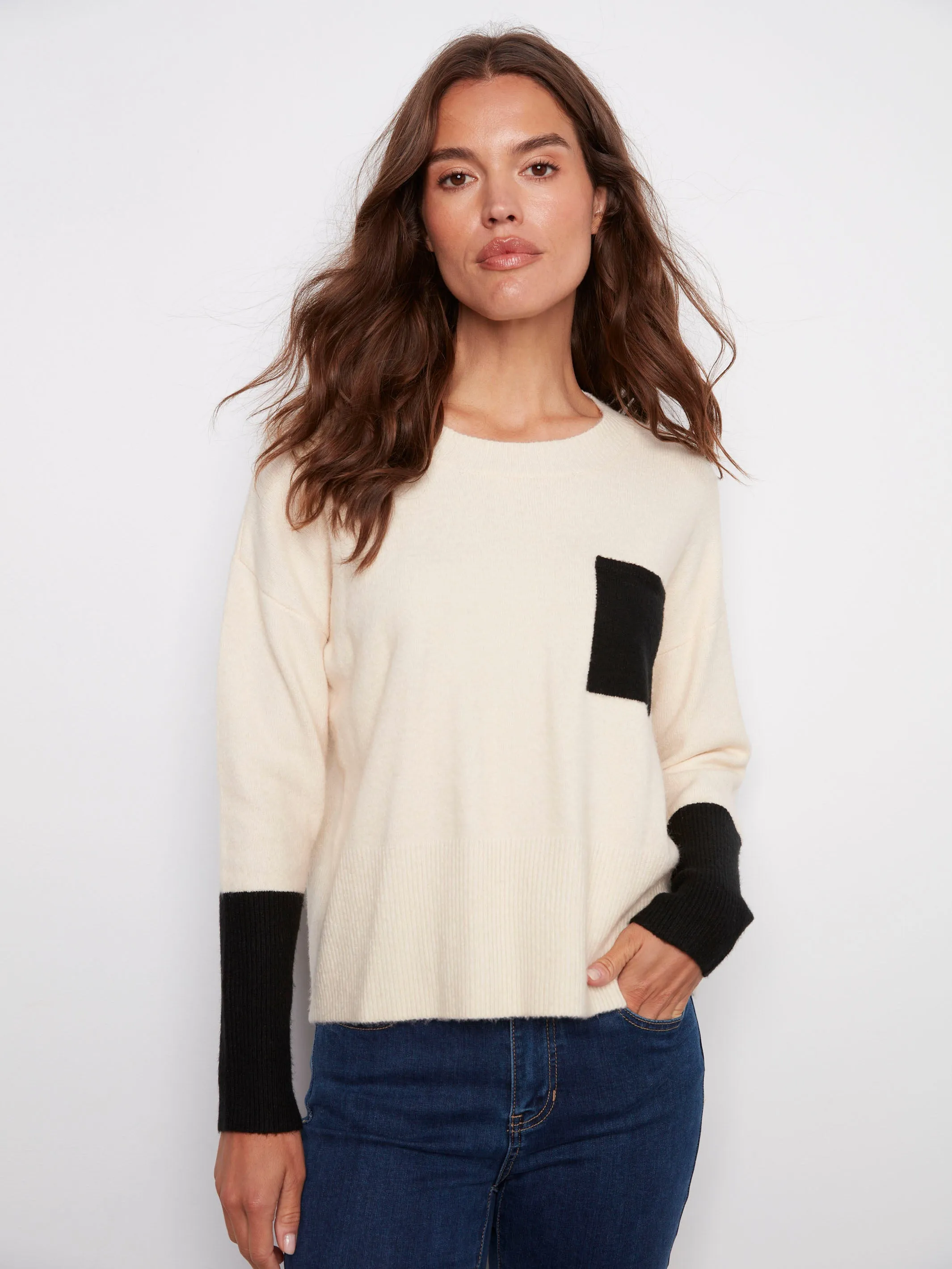Comfy Knitwear Look Crew Neck Sweater With Contrast Details - Ecru