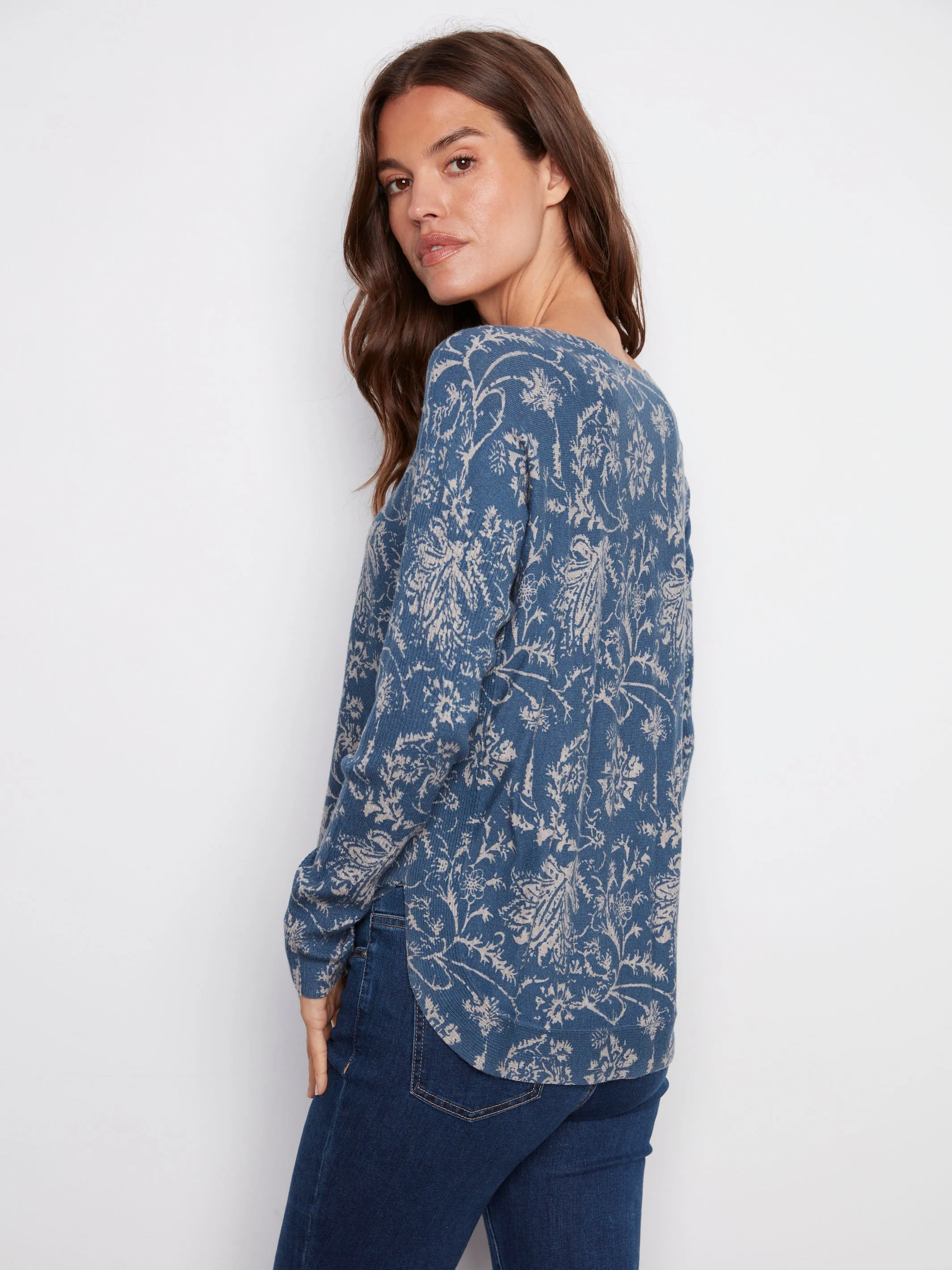 Hypoallergenic Lining Printed Rounded Hem Sweater - Calico Blue