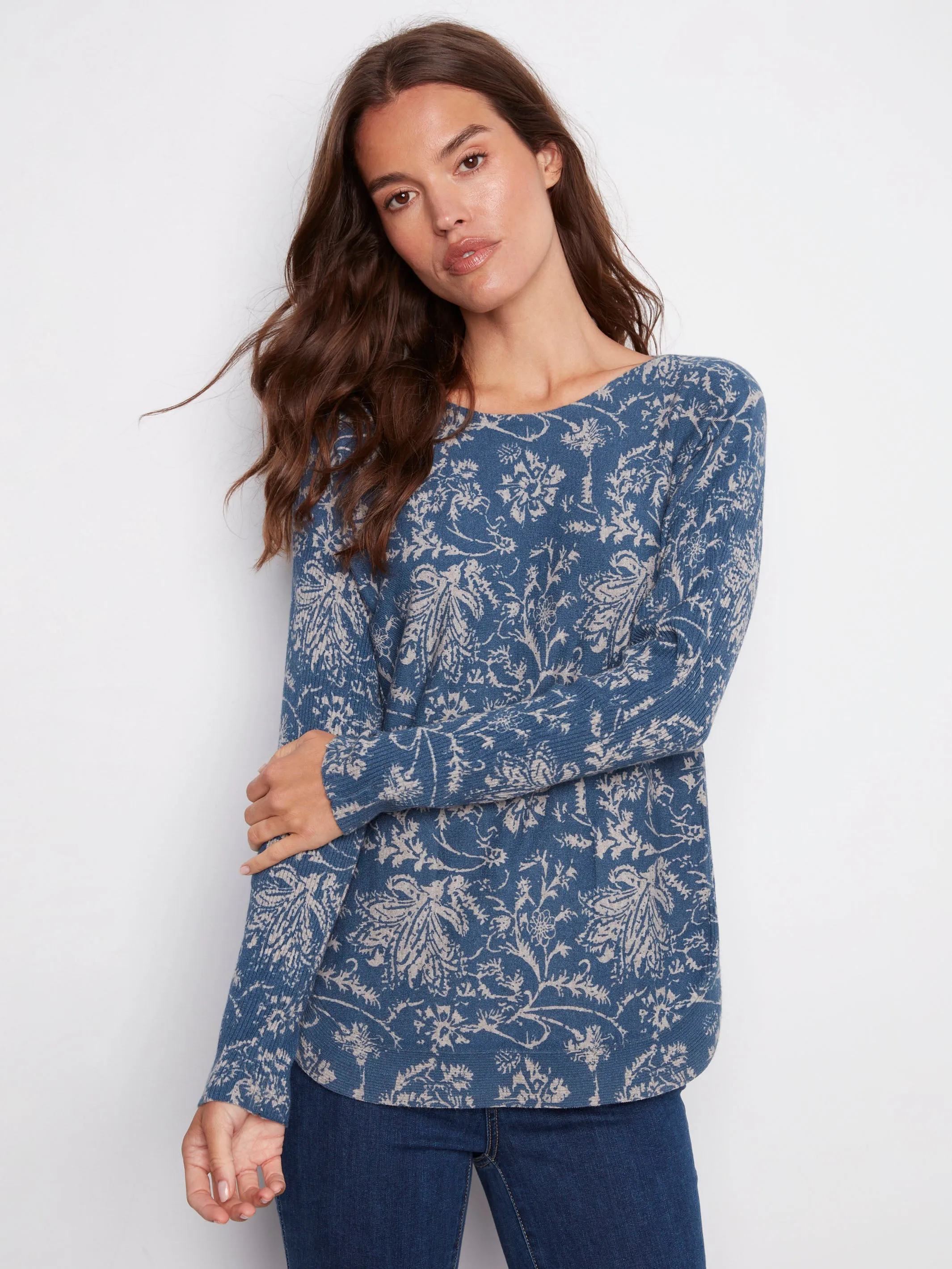 Printed Rounded Hem Sweater - Calico Blue Comfy Feel