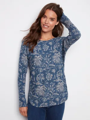 Winter Apparel Printed Rounded Hem Sweater - Calico Blue
