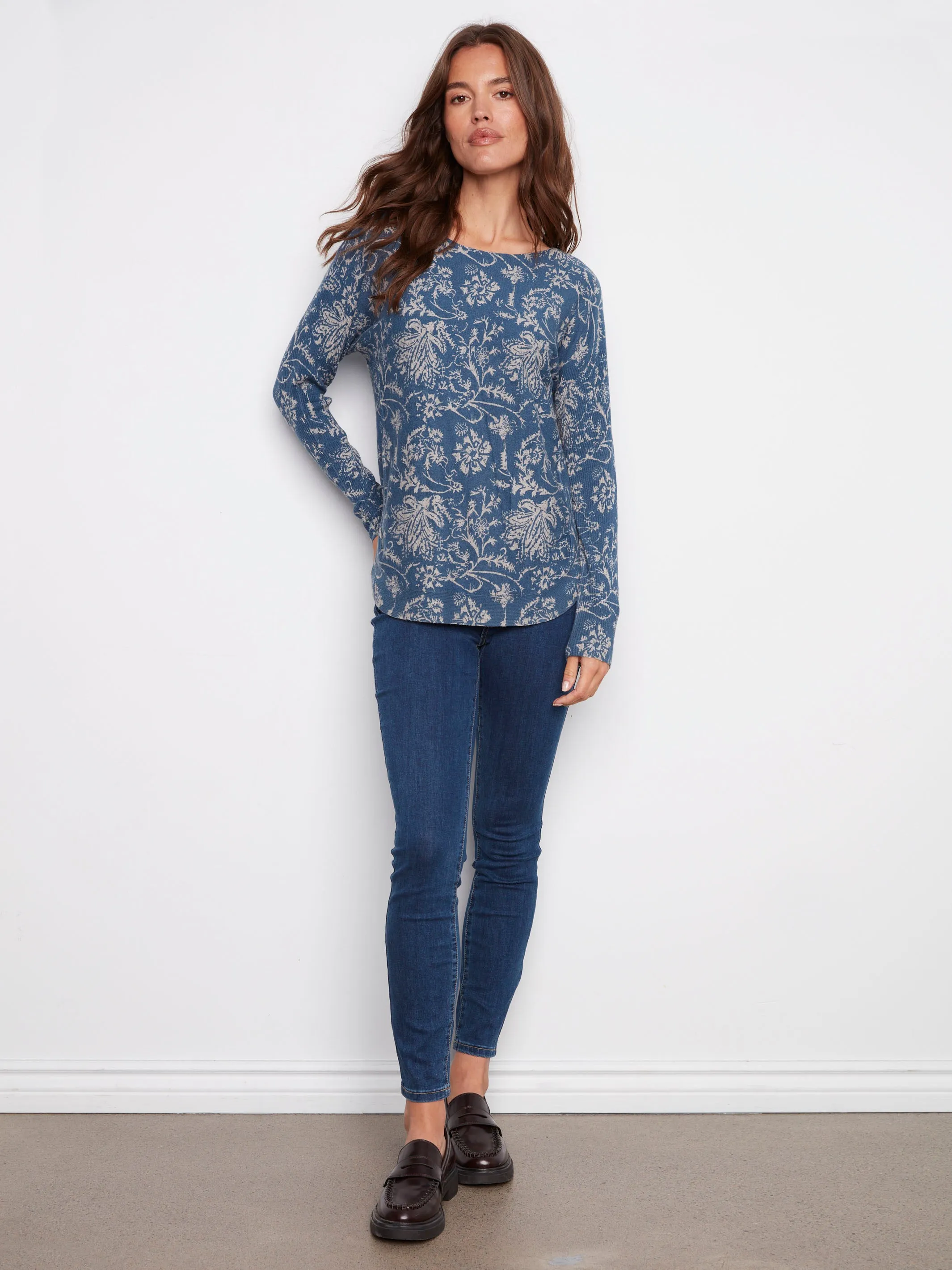 Printed Rounded Hem Sweater - Calico Blue Snuggle Comfort Winter Must-Have Wear