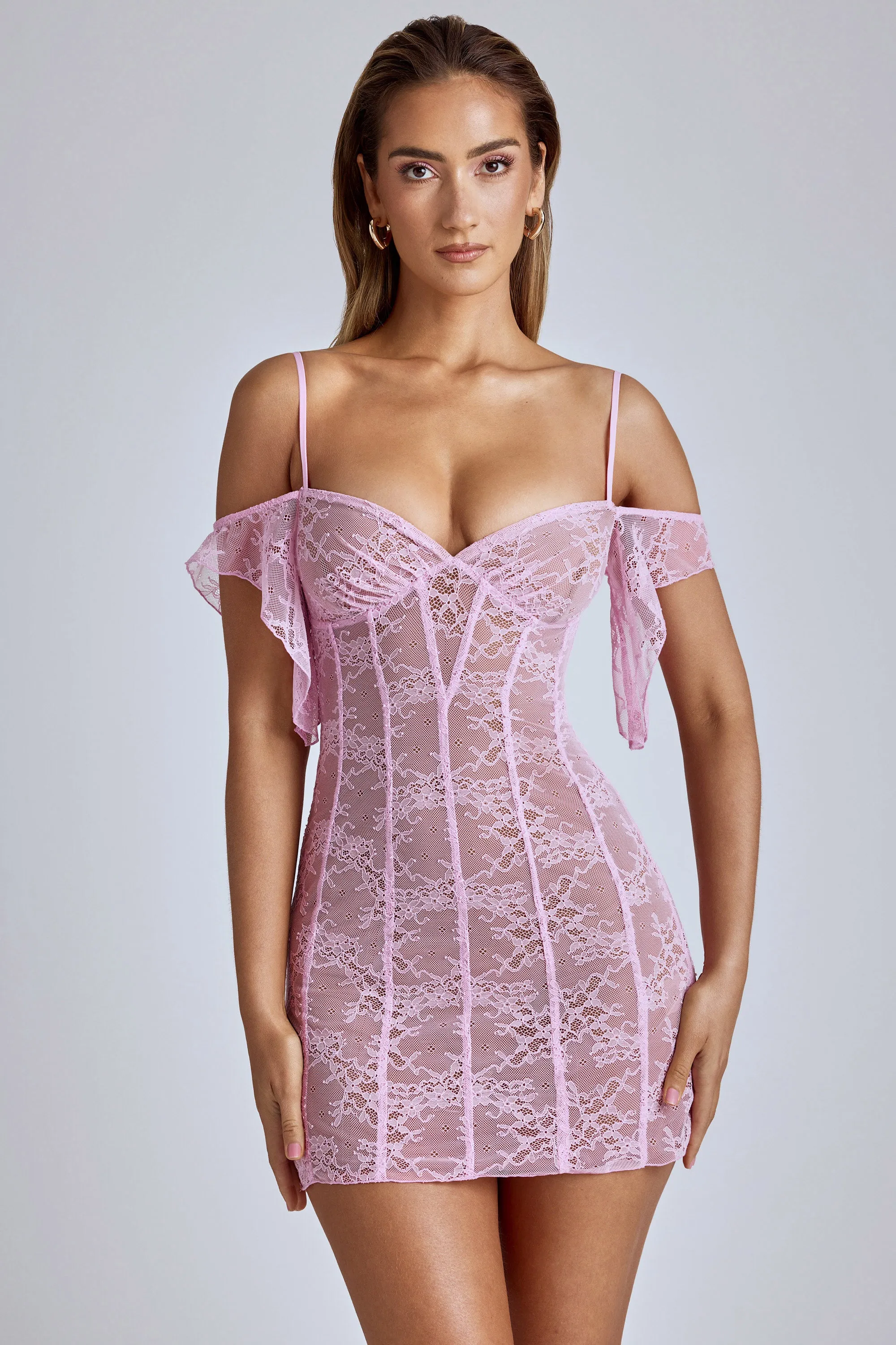 Beat Light Tagless Labeling Sheer Lace A-Line Mini Dress in Baby Pink