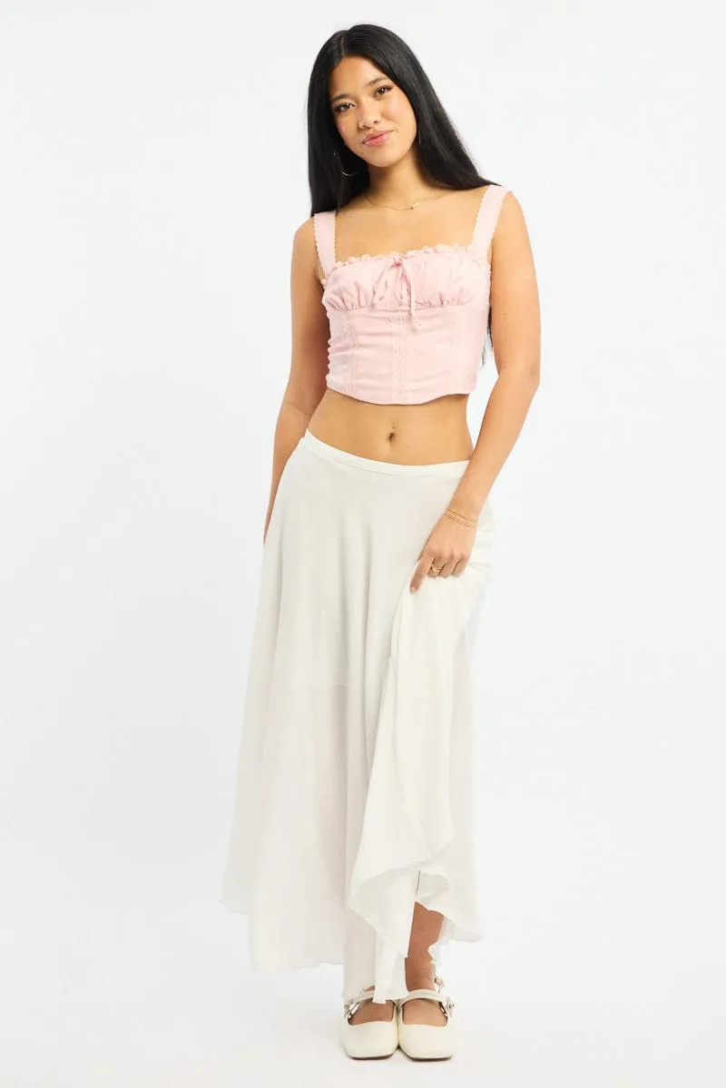 White Maxi Skirt Flowy High Waisted Poly Chiffon Crisscross Back Airy Comfort