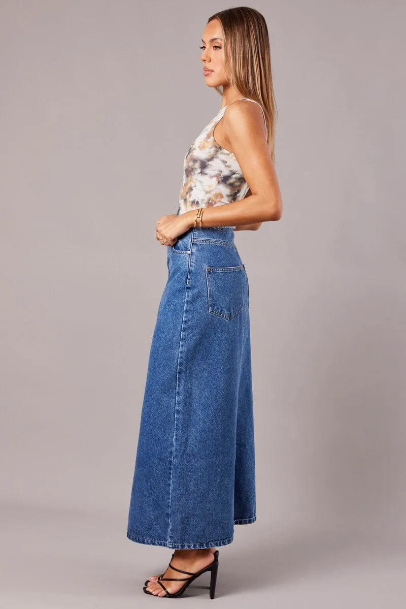 Street Look Denim Maxi Skirt High Rise A-line Raw Edge Denim