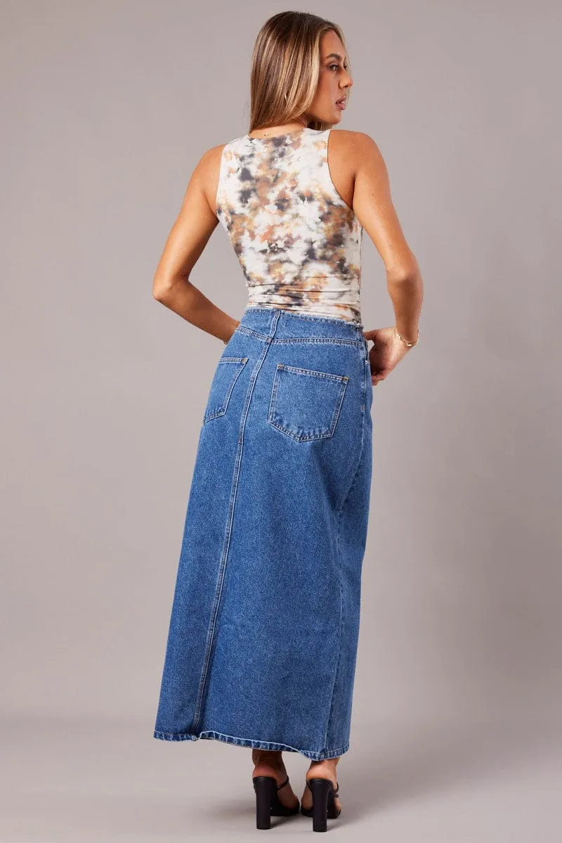 Crisp Fit Denim Maxi Skirt High Rise A-line Raw Edge Denim